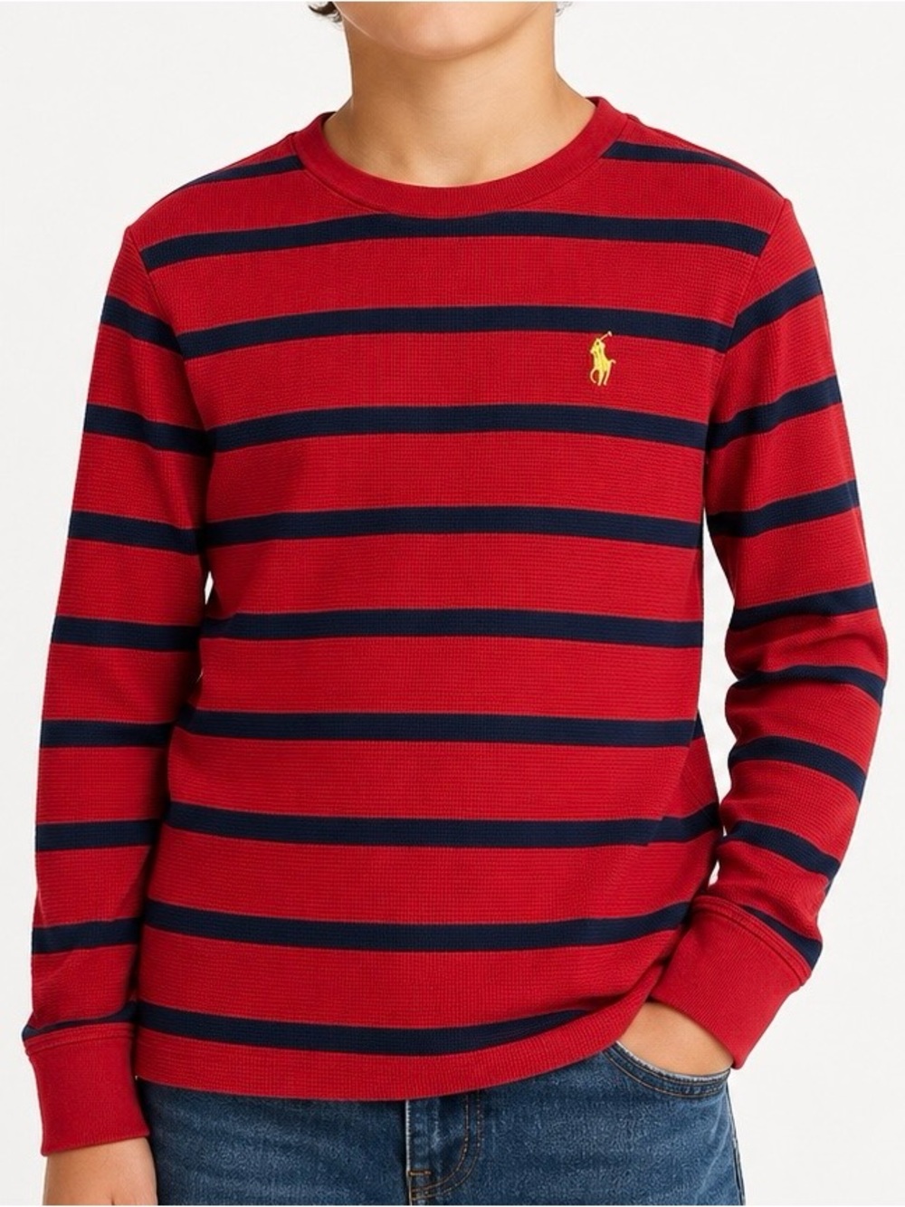 Polo Ralph Lauren Kids Red Navy Striped Thermal Waffle Knit Shirt M 10-12